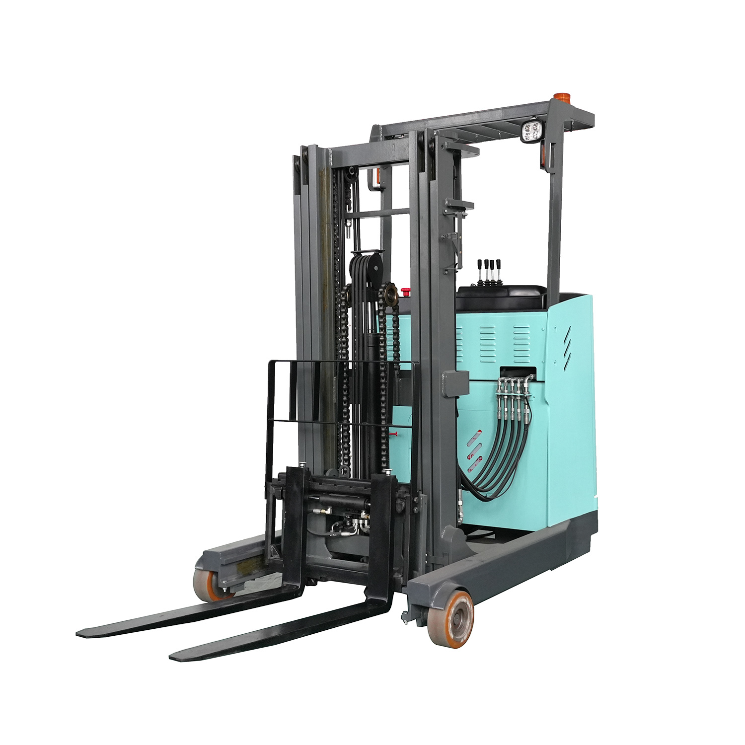 Stand-on electric reach truck with side-shift function, 3-meter lifting height, EPS buffer, suitable for narrow aisle warehouses